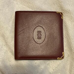 Cartier EUC Burgundy Leather Bi-fold Wallet with Gold Corners